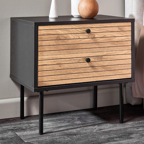 Natural wood store and black nightstand